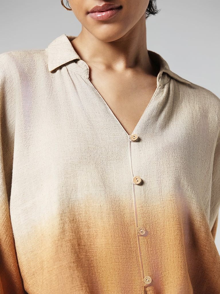 LOV Beige Ombre Crop Knotted Shirt