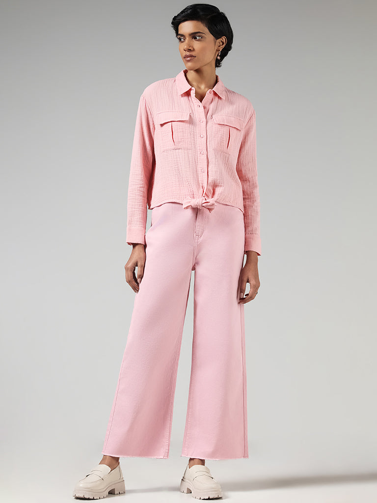 LOV Light Pink Cotton Crinkled Knotted Shirt