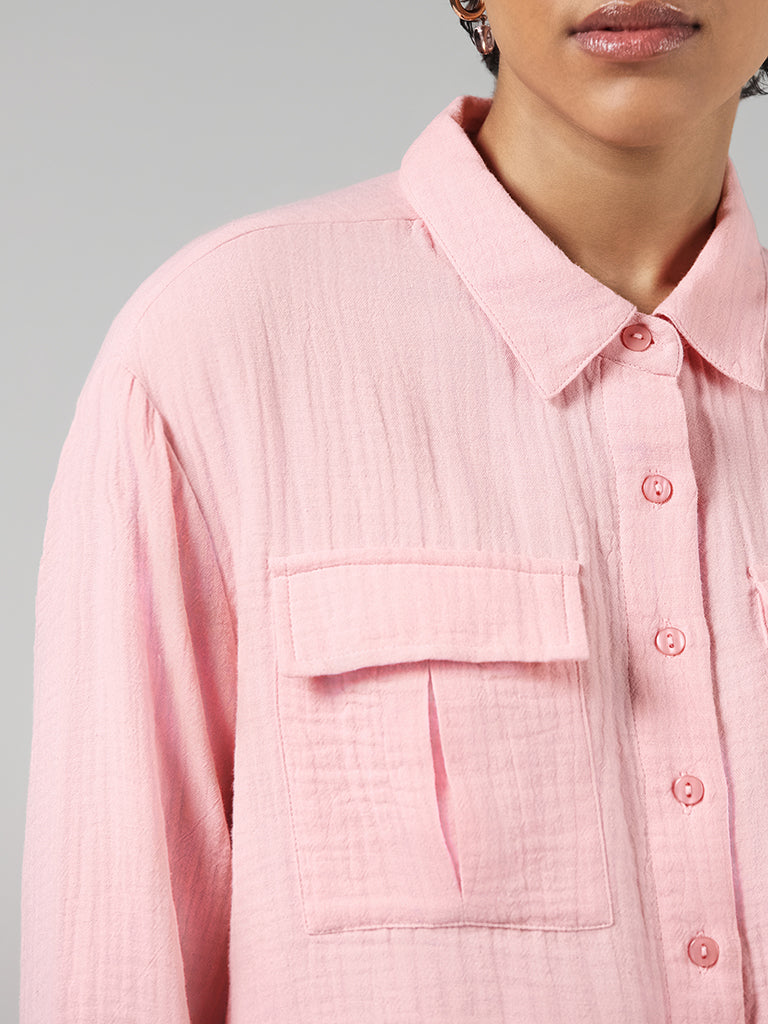 LOV Light Pink Cotton Crinkled Knotted Shirt