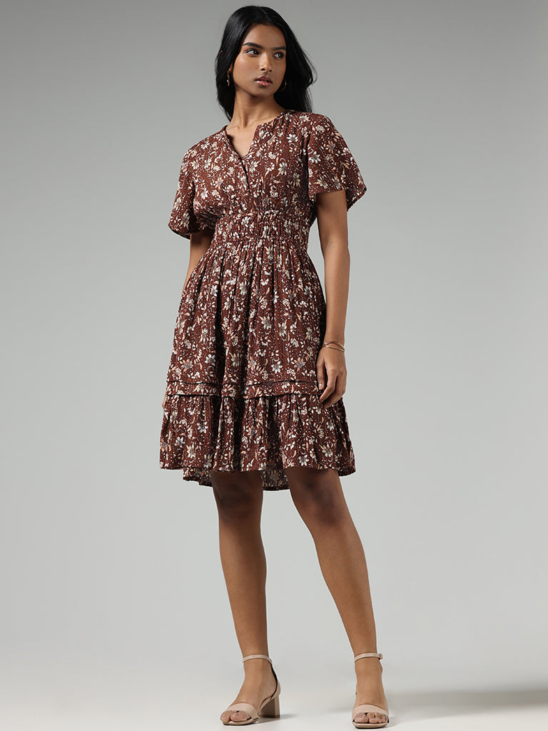 LOV Brown Ditsy Floral Printed Tiered Dress