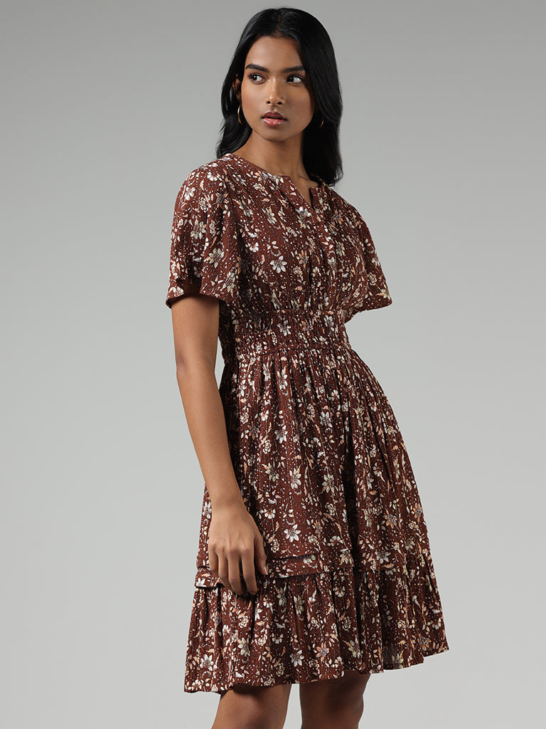 LOV Brown Ditsy Floral Printed Tiered Dress