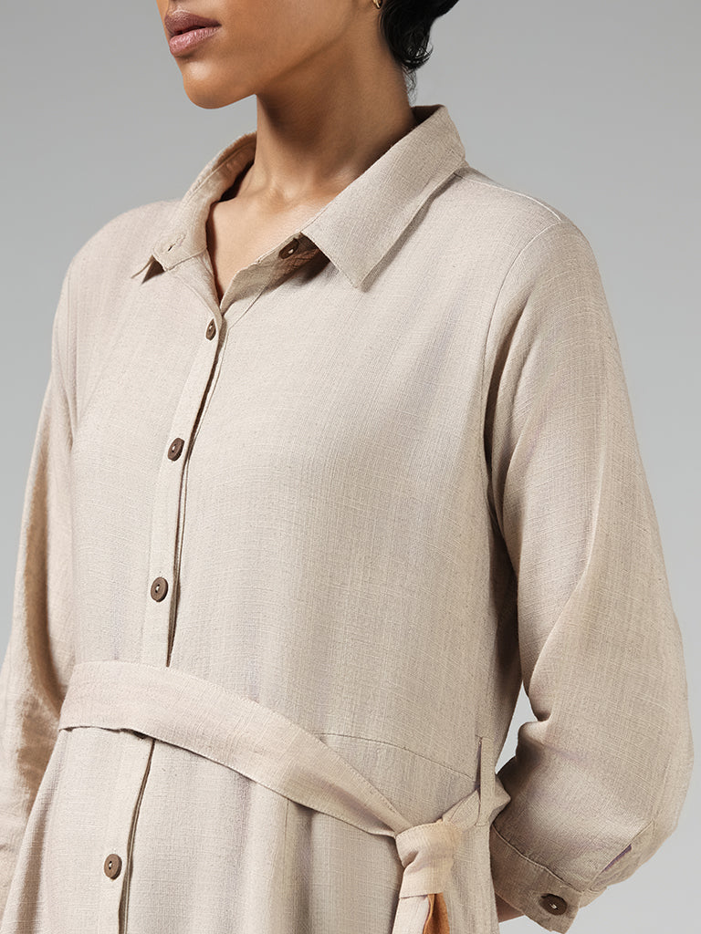 LOV Solid Beige Ombre Button Down Dress