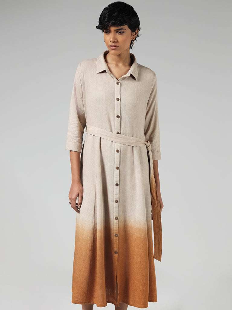 LOV Solid Beige Ombre Button Down Dress