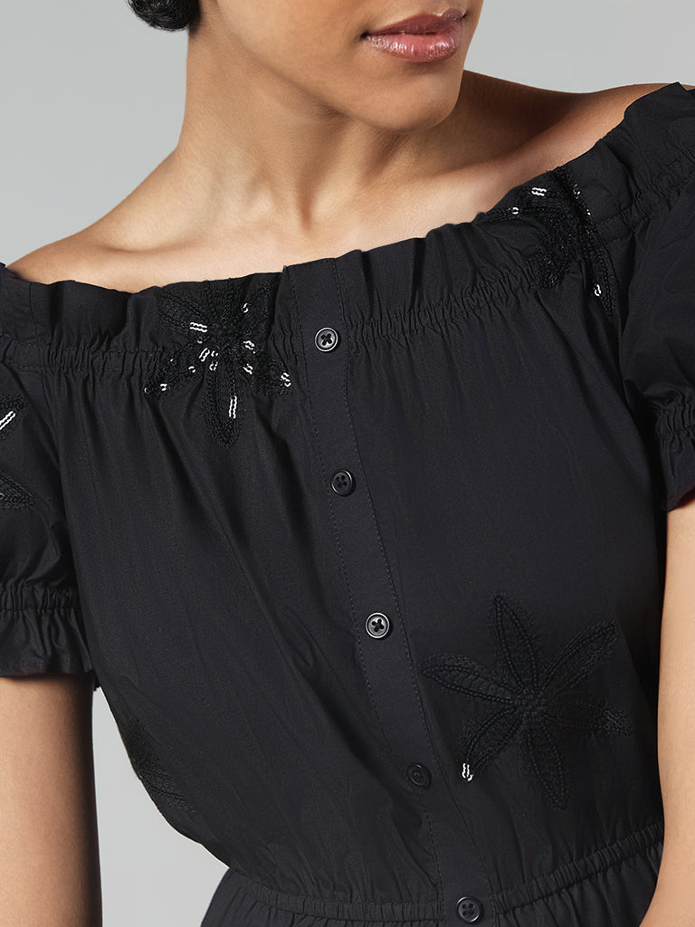 LOV Black Floral Sequin Embroidered Cotton Off-Shoulder Dress