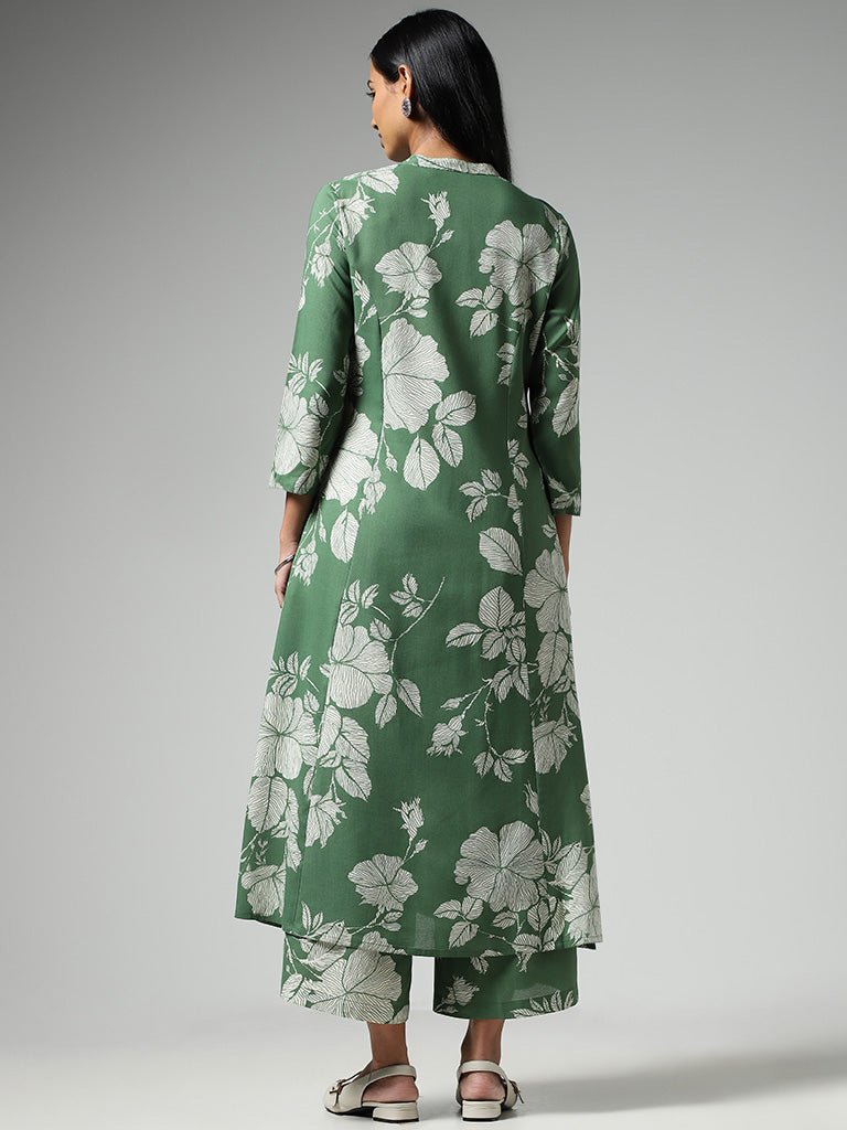 Utsa Green Bold Floral Printed Buttoned Down Kurta