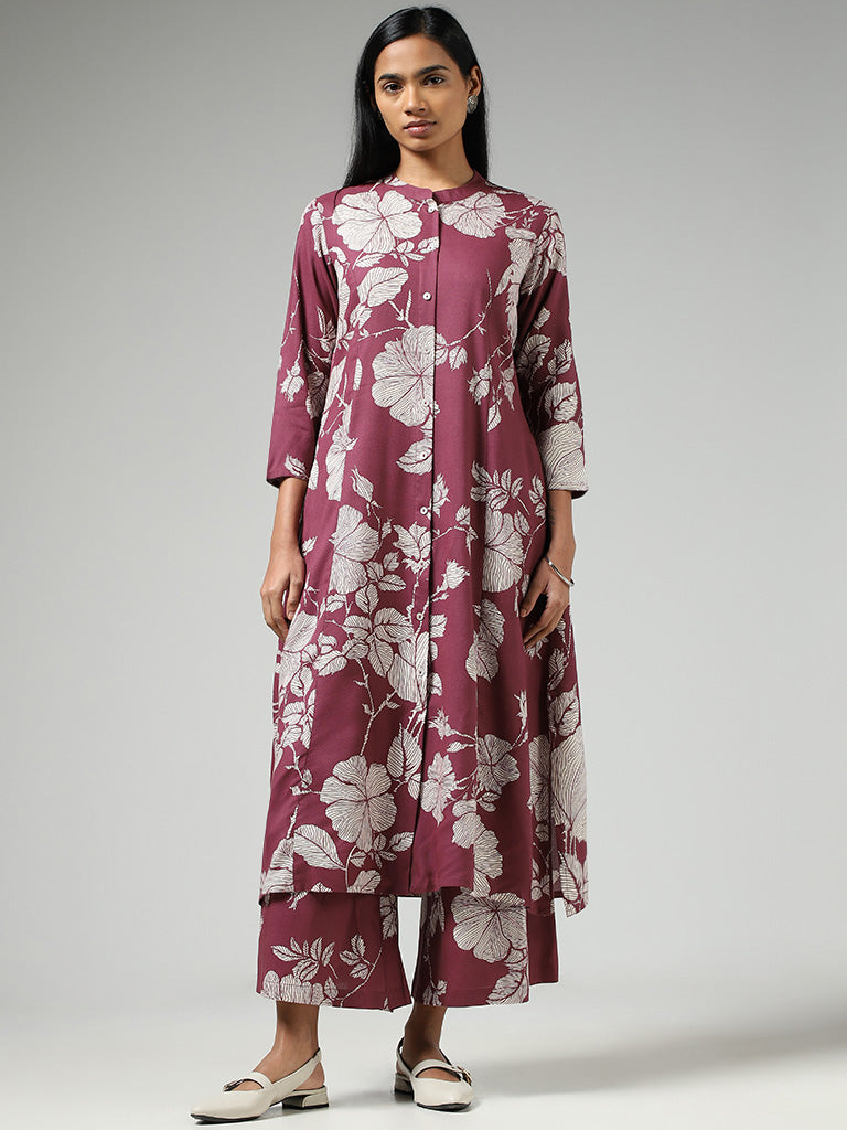 Utsa Wine Bold Floral Printed Buttoned Down Kurta