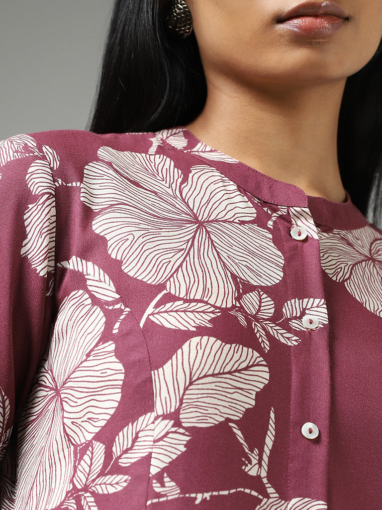 Utsa Wine Bold Floral Printed Buttoned Down Kurta