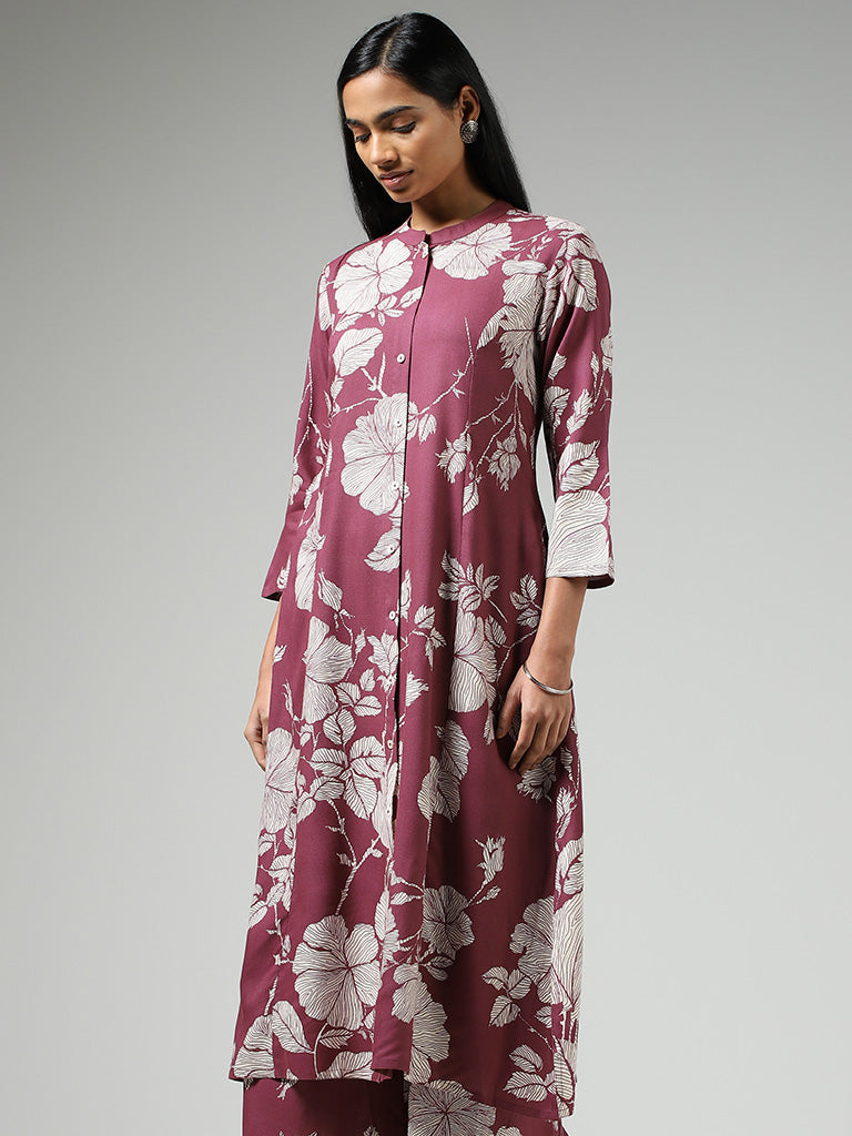 Utsa Wine Bold Floral Printed Buttoned Down Kurta