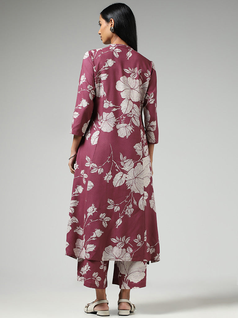 Utsa Wine Bold Floral Printed Buttoned Down Kurta