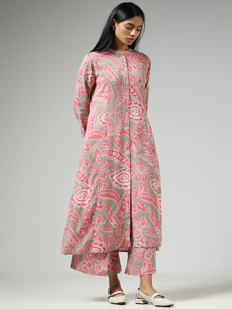 Utsa Light Pink Floral Printed Cotton Buttoned Down Kurta