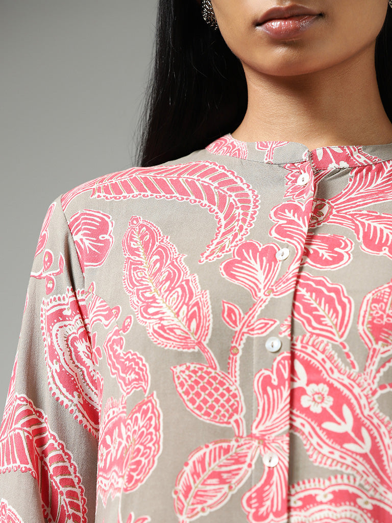 Utsa Light Pink Floral Printed Cotton Buttoned Down Kurta