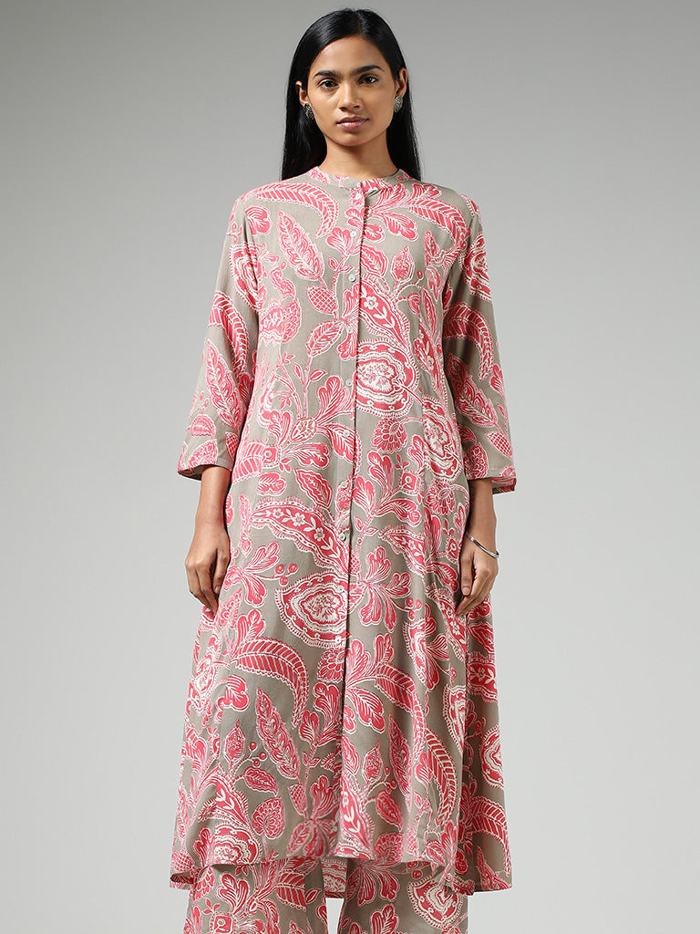 Utsa Light Pink Floral Printed Cotton Buttoned Down Kurta