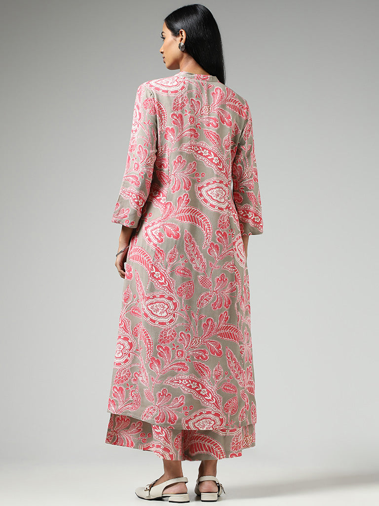 Utsa Light Pink Floral Printed Cotton Buttoned Down Kurta