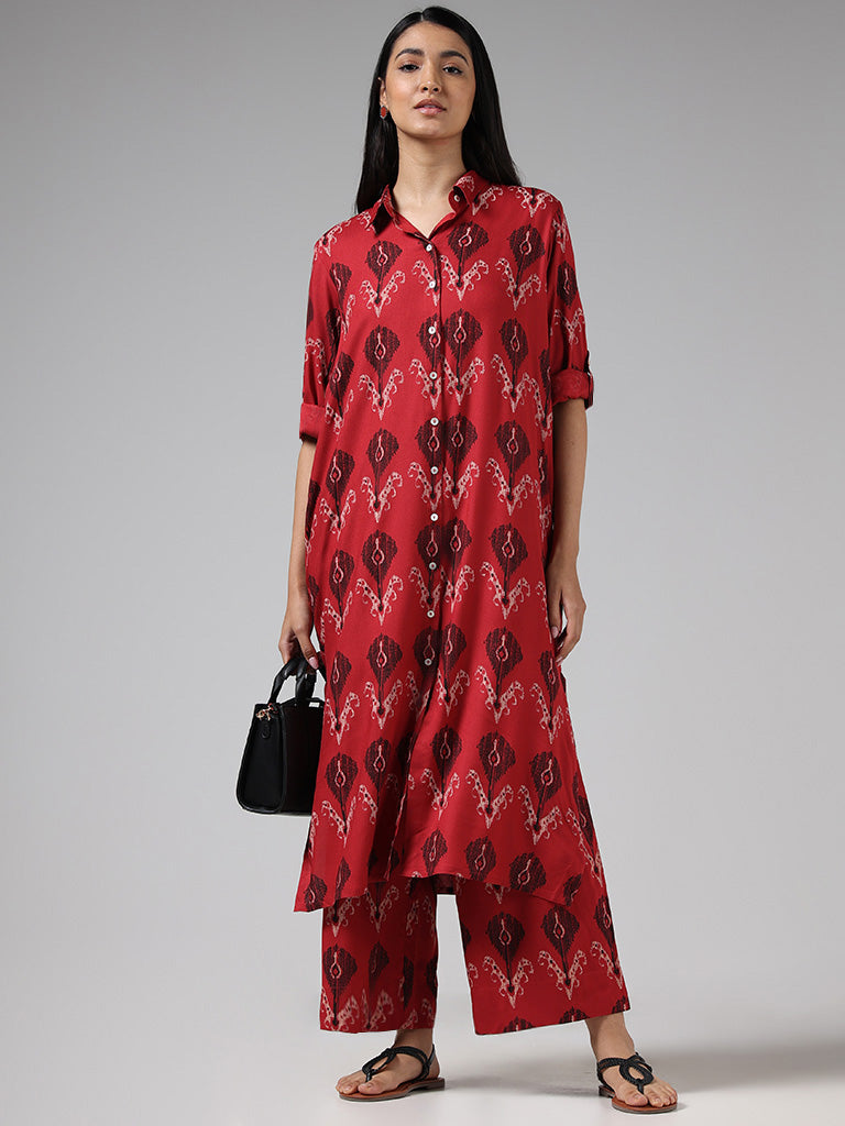 Utsa Red Ikat Printed Cotton Buttoned Down Kurta