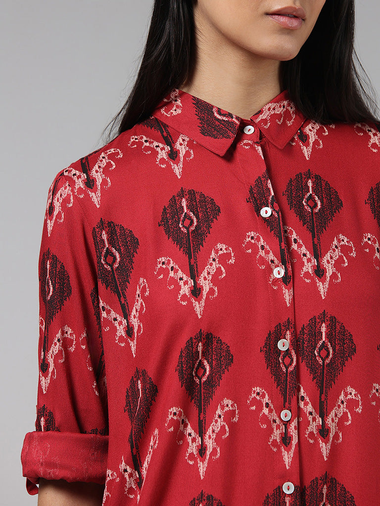 Utsa Red Ikat Printed Cotton Buttoned Down Kurta