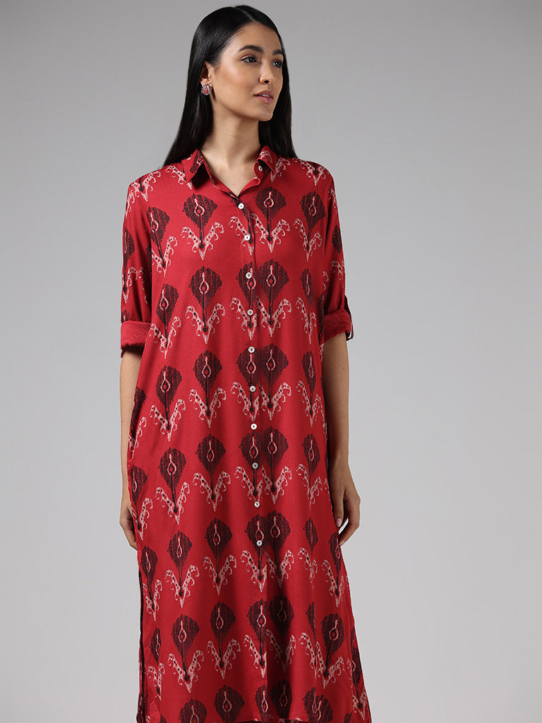 Utsa Red Ikat Printed Cotton Buttoned Down Kurta