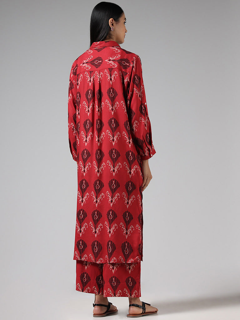 Utsa Red Ikat Printed Cotton Buttoned Down Kurta