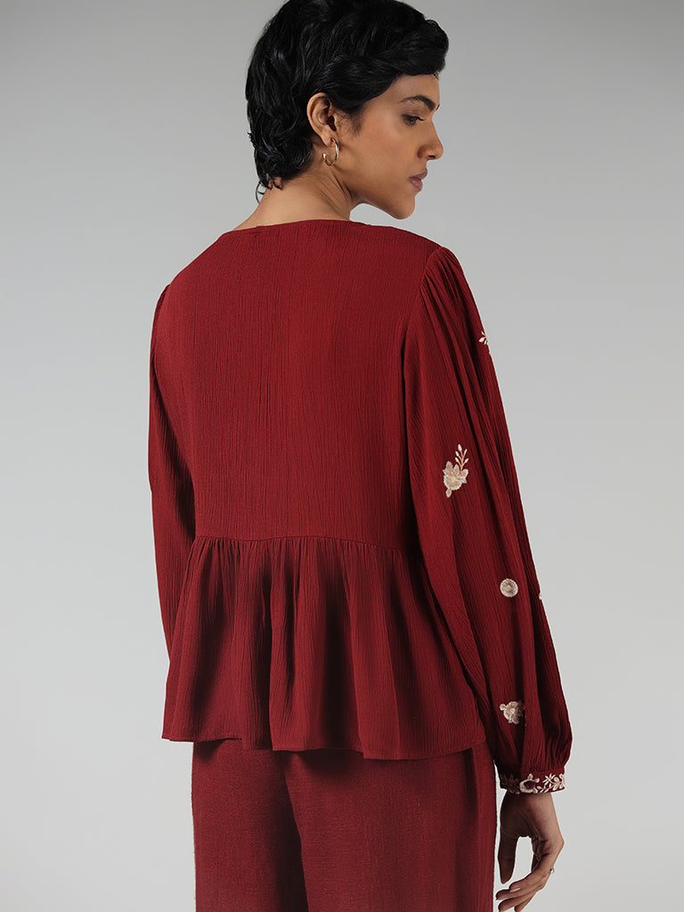 LOV Maroon Floral Embroidered Top