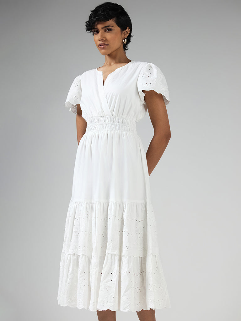 LOV White Cotton Schiffli Dress