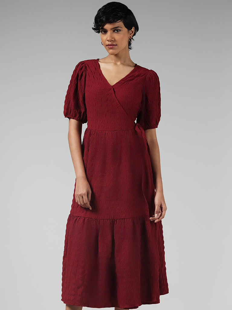 LOV Solid Burgundy Crinkled Tiered Dress