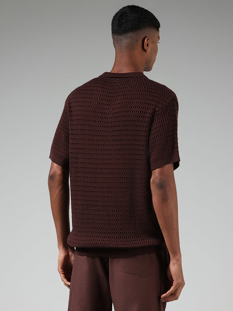 ETA Brown Knitted Mesh Slim-Fit T-Shirt