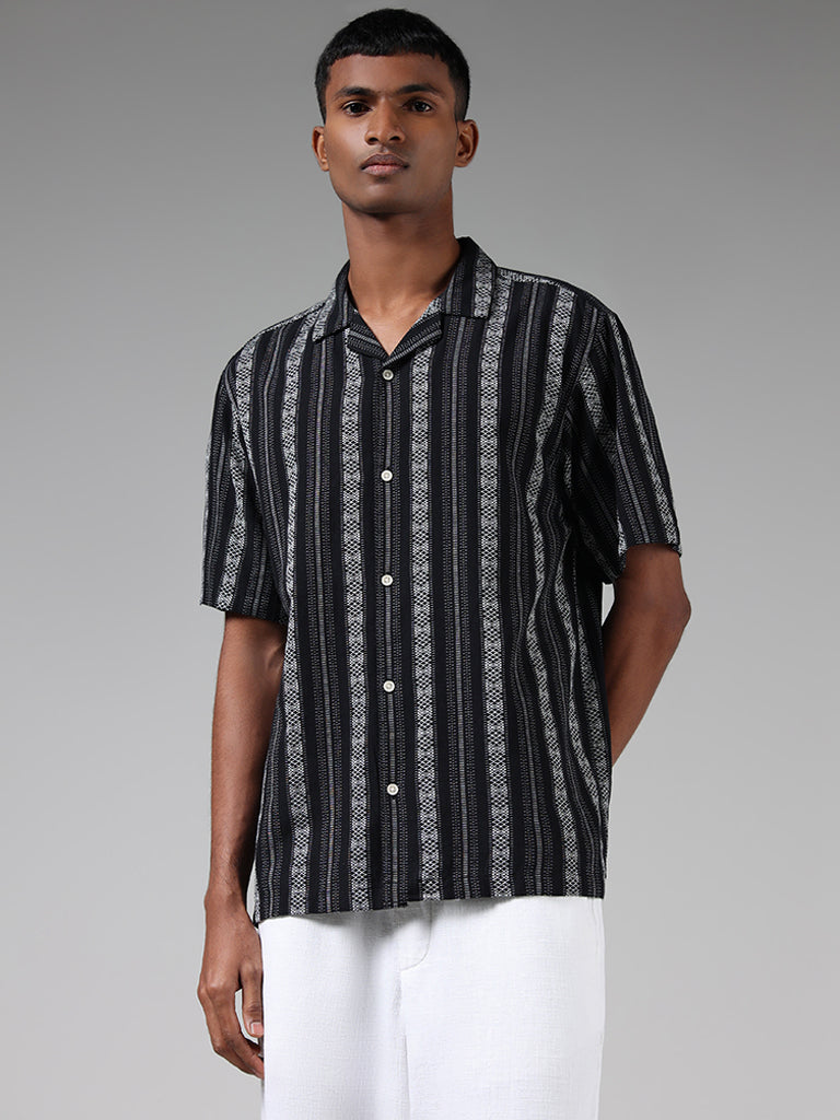 ETA Black Woven Striped Cotton Relaxed-Fit Shirt