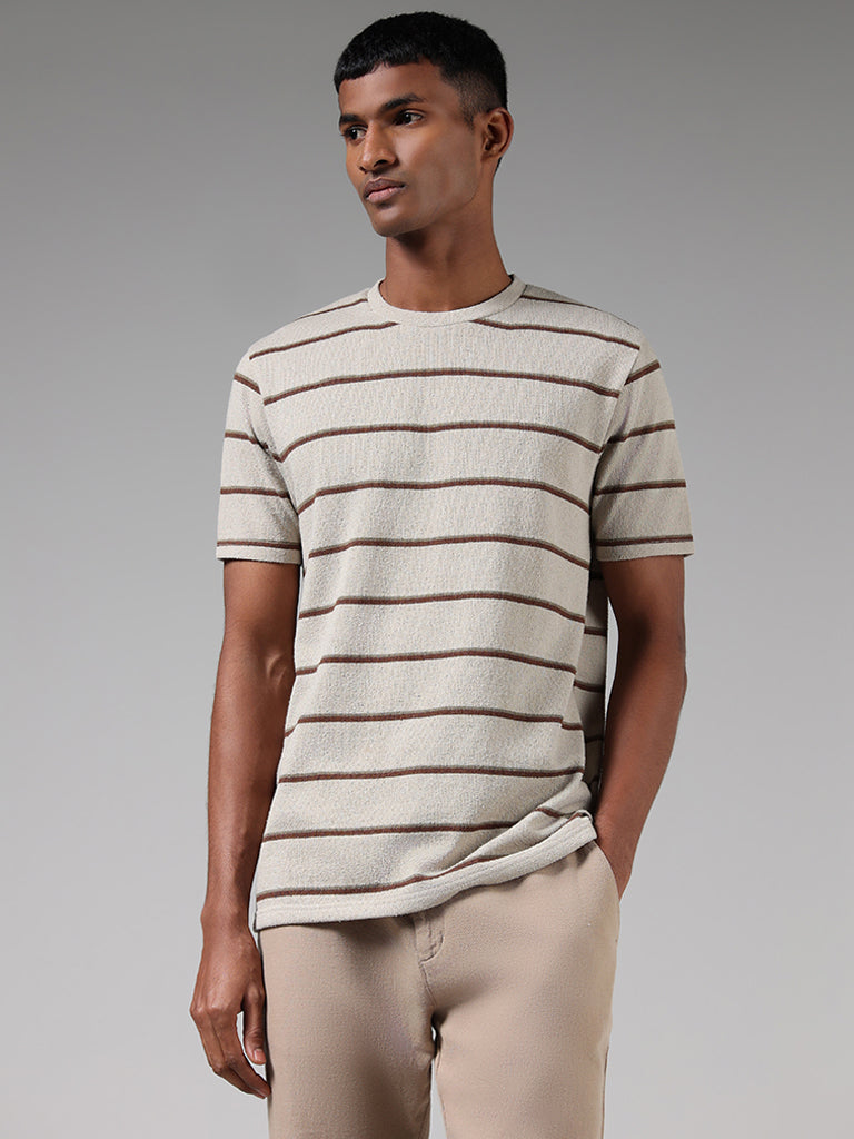 ETA Brown Striped Cotton Blend Relaxed Fit T-Shirt