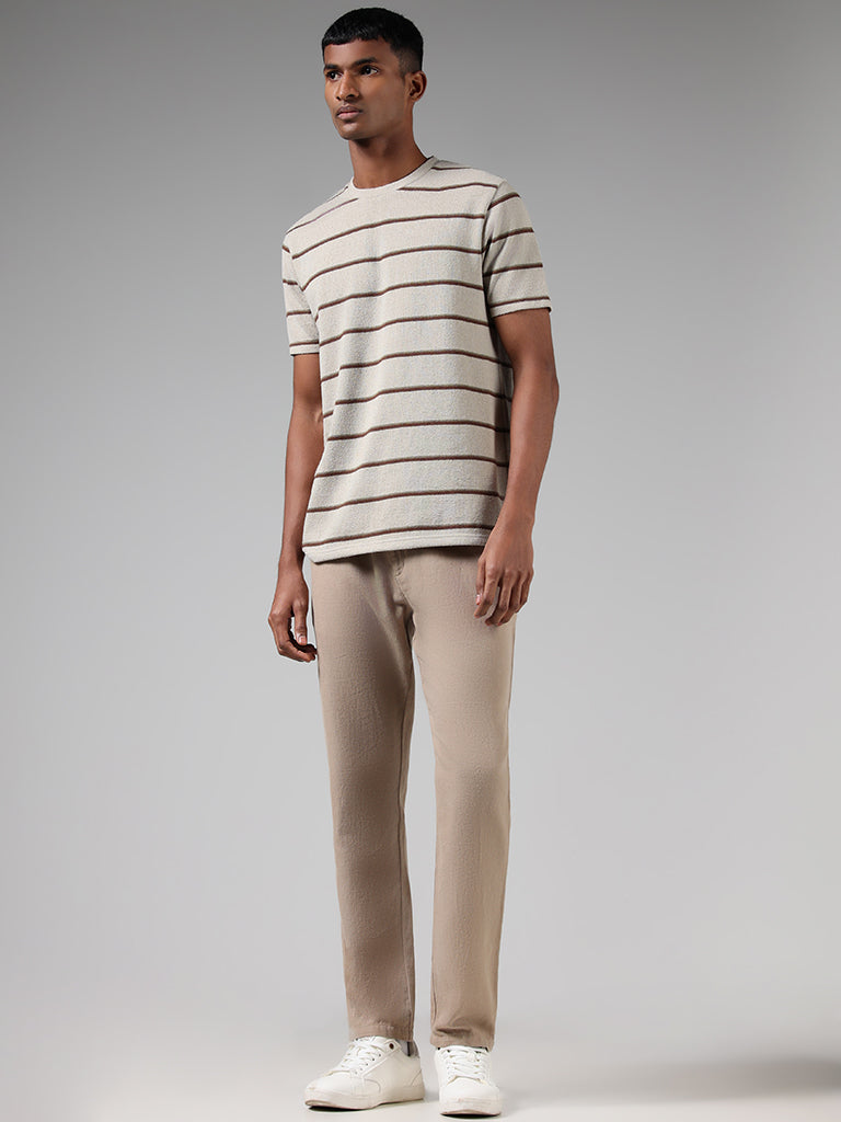 ETA Brown Striped Cotton Blend Relaxed Fit T-Shirt