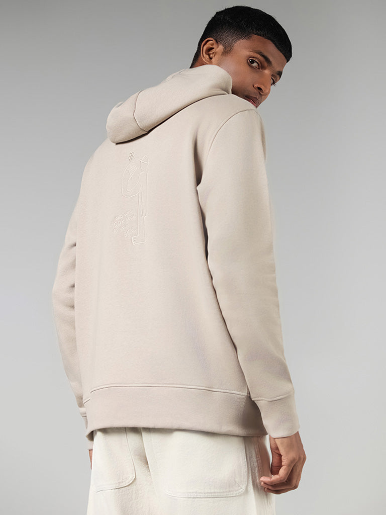 Nuon Beige Embroidered Cotton Blend Relaxed-Fit Hoodie