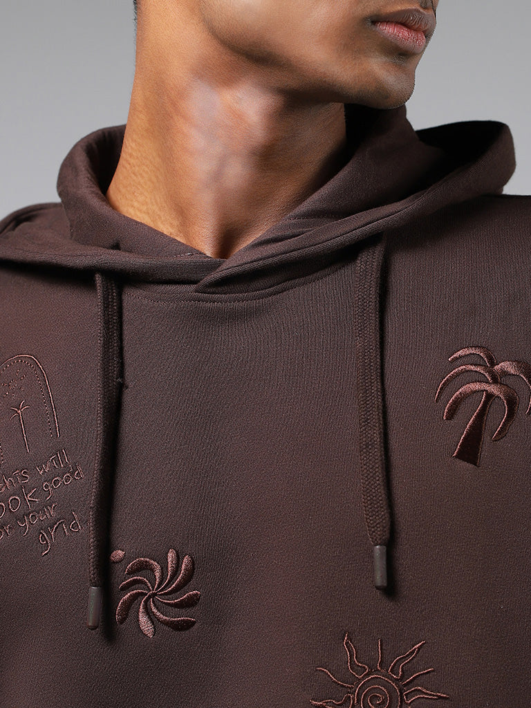 Nuon Dark Brown Embroidered Cotton Blend Relaxed-Fit Hoodie