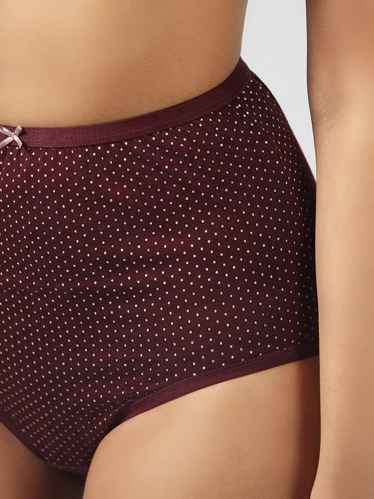 Wunderlove Maroon Polka Dotted Cotton Blend Full Briefs - Pack of 3