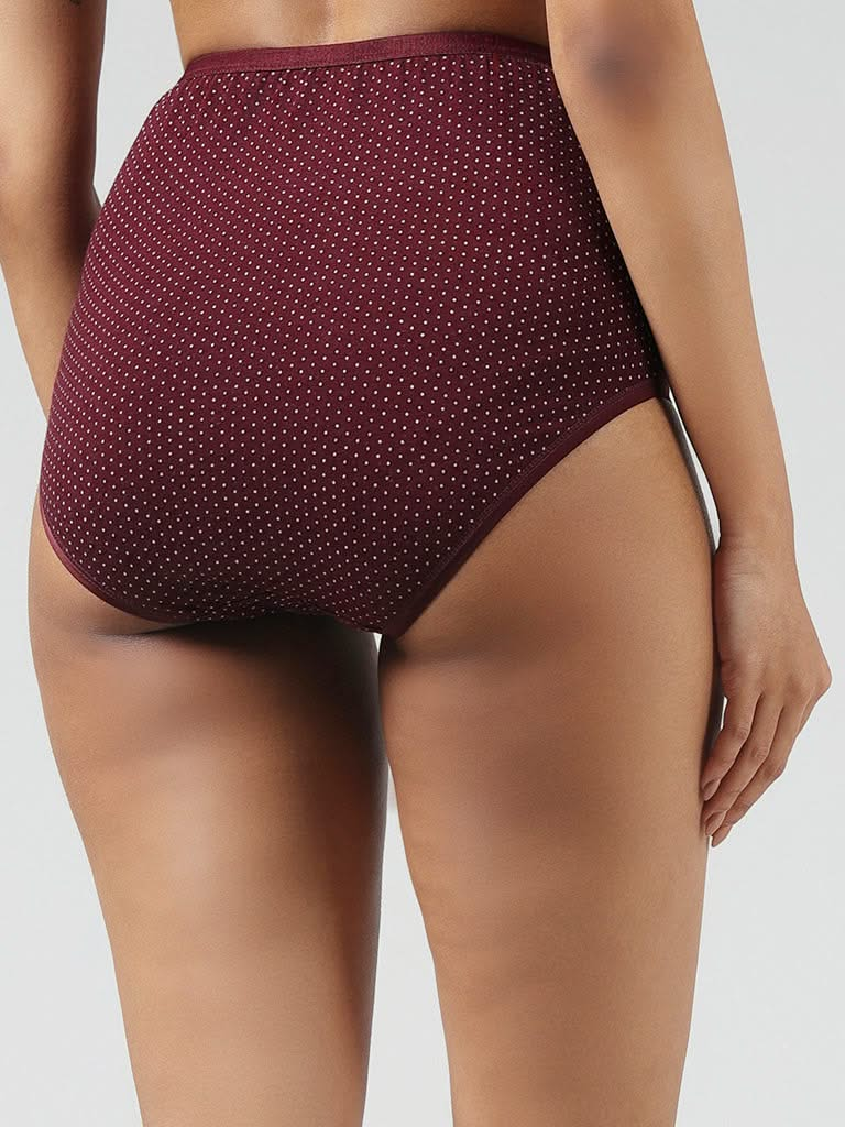 Wunderlove Maroon Polka Dotted Cotton Blend Full Briefs - Pack of 3