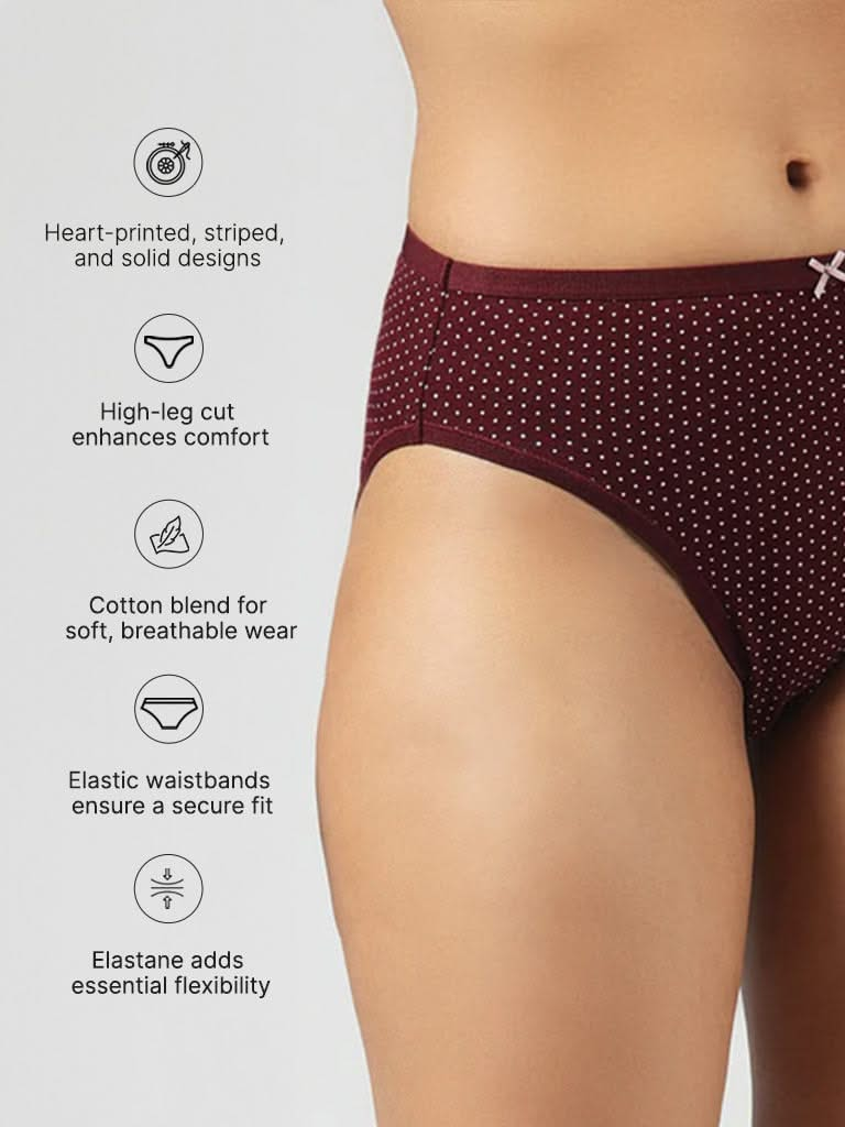 Wunderlove Maroon Polka Dotted Cotton Blend High Leg Briefs - Pack of 3