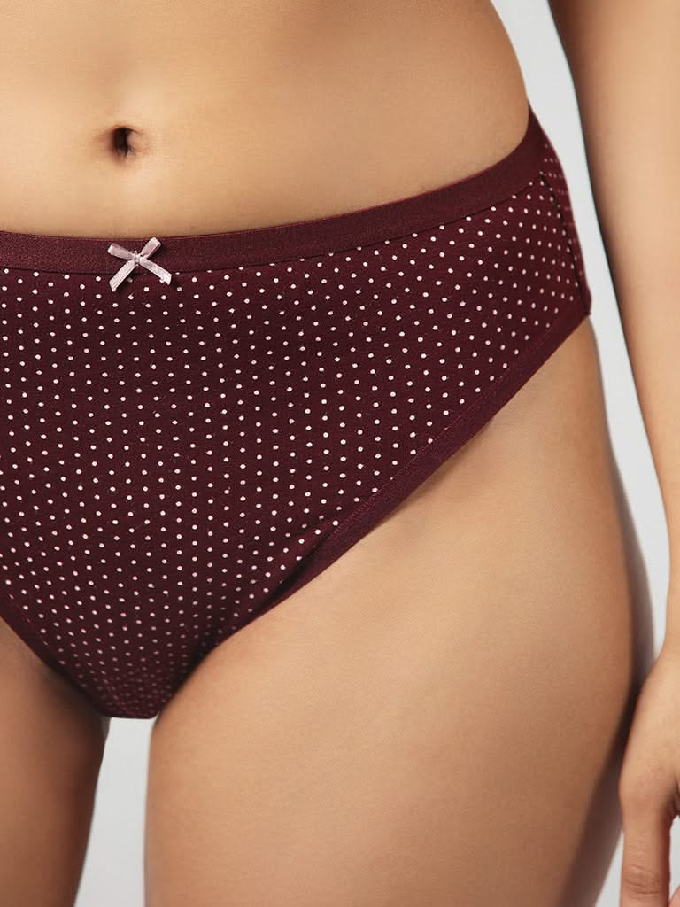 Wunderlove Maroon Polka Dotted Cotton Blend High Leg Briefs - Pack of 3