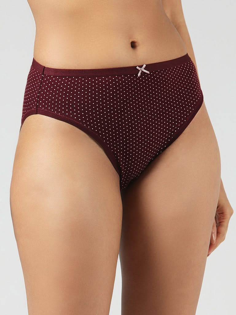 Wunderlove Maroon Polka Dotted Cotton Blend High Leg Briefs - Pack of 3