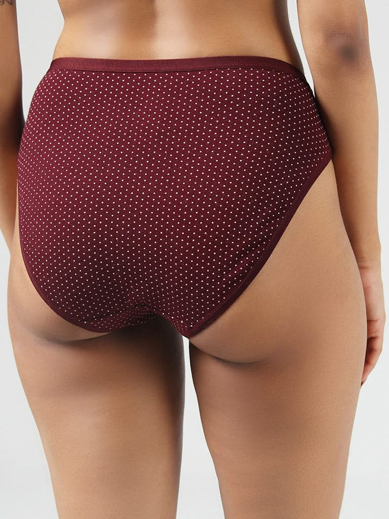 Wunderlove Maroon Polka Dotted Cotton Blend High Leg Briefs - Pack of 3