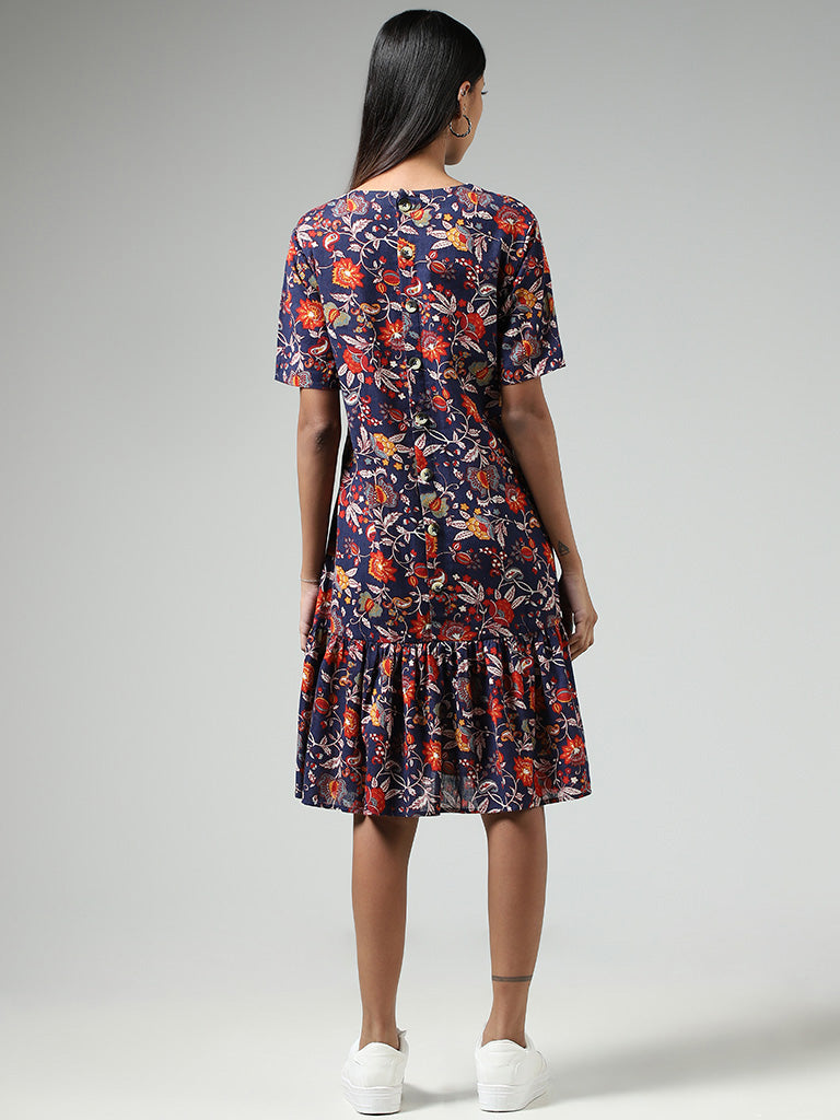 Bombay Paisley Navy Floral Printed Tiered Blended Linen Dress