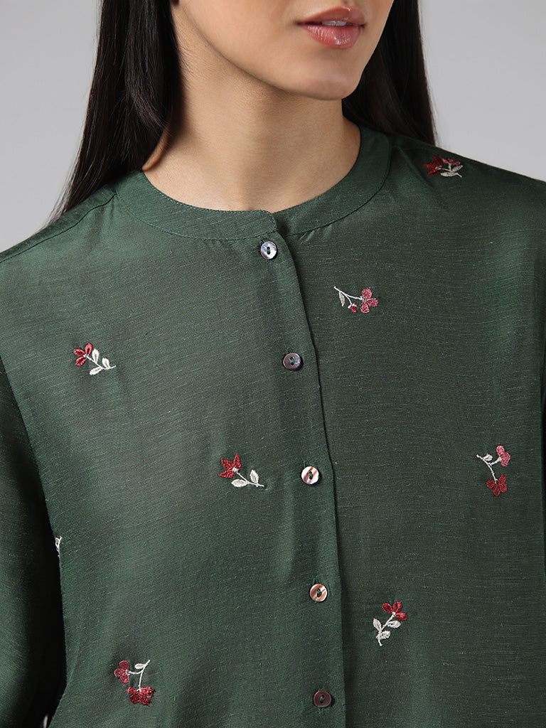 Zuba Olive Floral Embroidered Buttoned Down Blended Linen Kurti