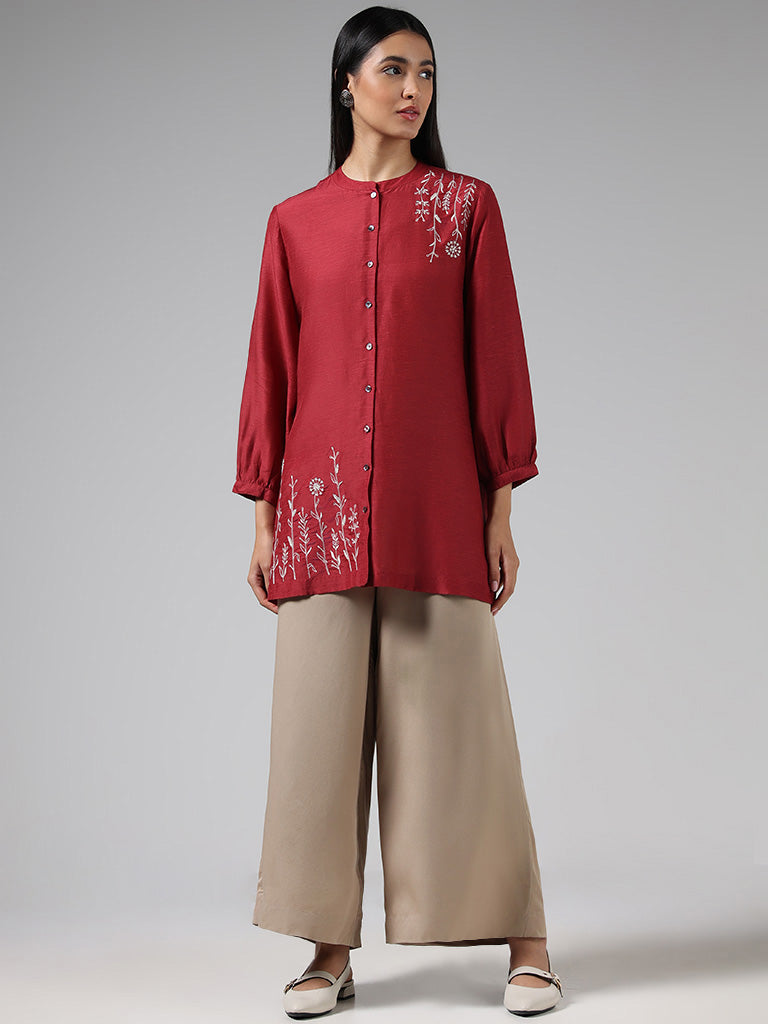 Zuba Maroon Floral Embroidered Buttoned Down Blended Linen Kurti