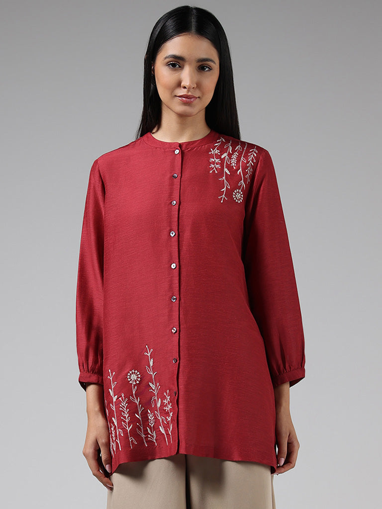 Zuba Maroon Floral Embroidered Buttoned Down Blended Linen Kurti