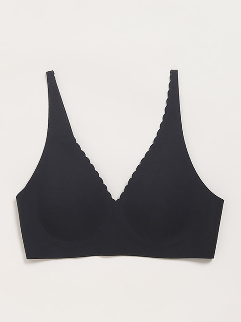 Wunderlove Black Cotton Blend Plunge Invisible Bra