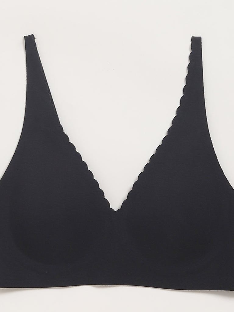 Wunderlove Black Cotton Blend Plunge Invisible Bra