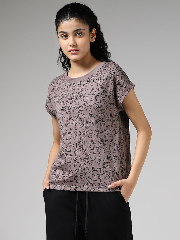 Studiofit Brown Printed Cotton T-Shirt