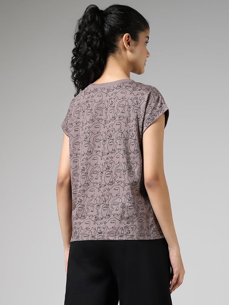 Studiofit Brown Printed Cotton T-Shirt