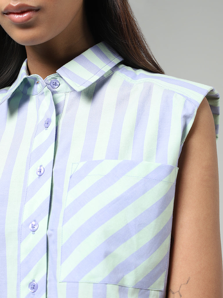 Nuon Lavender Striped Cotton Crop Shirt