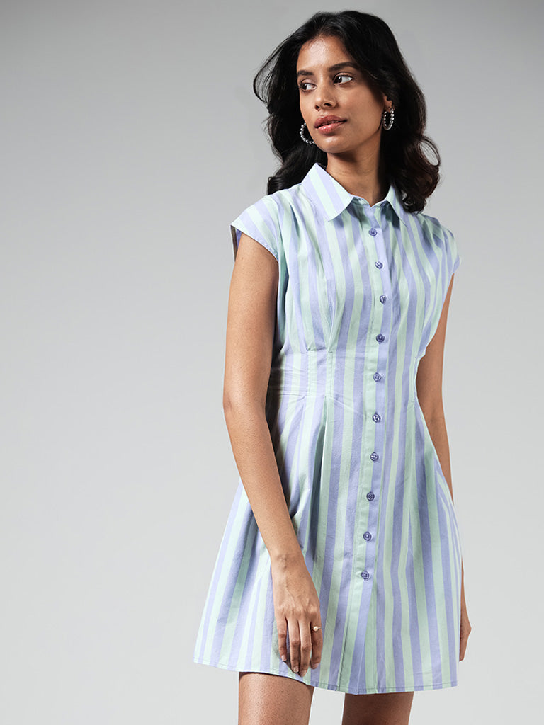 Nuon Lavender Striped Cotton Button Down Dress