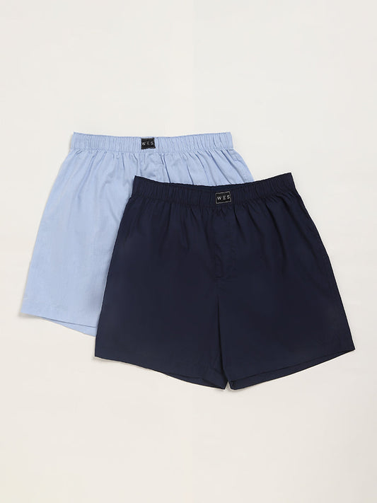 WES Lounge Plain Blue Cotton Boxers - Pack of 2