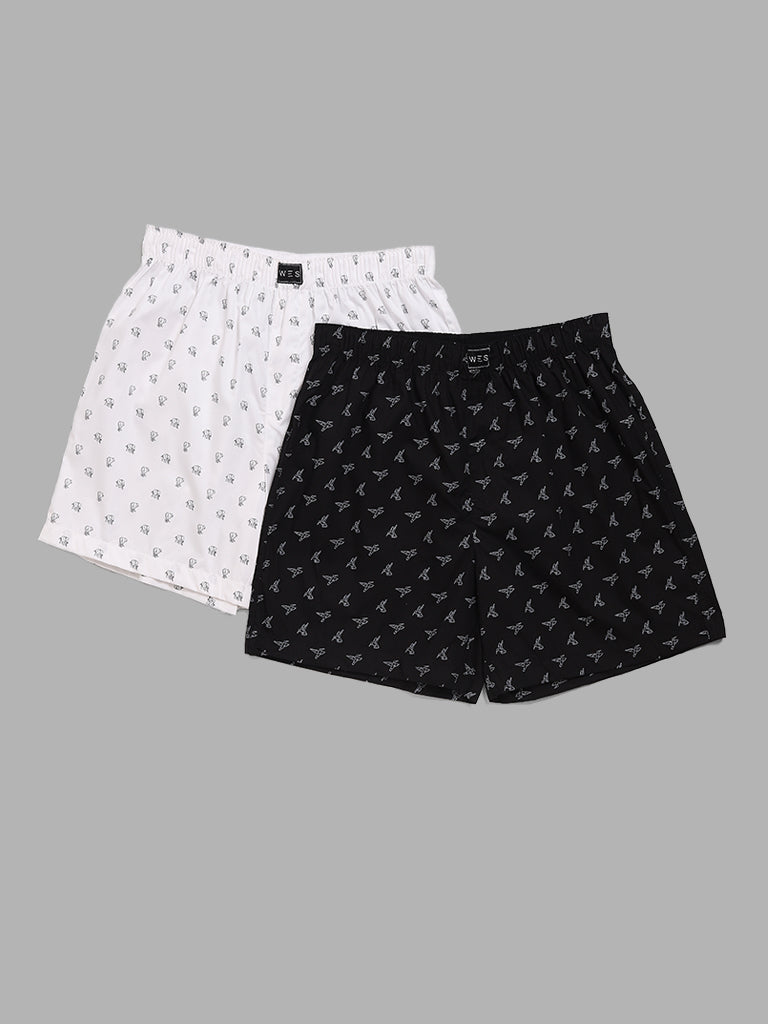 WES Lounge White Printed Cotton Boxers - Pack of 2