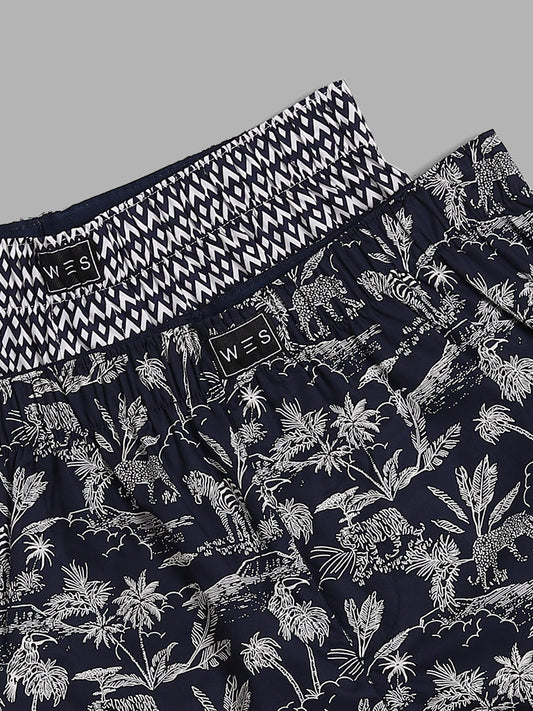 WES Lounge Navy Printed Cotton Boxers - Pack of 2