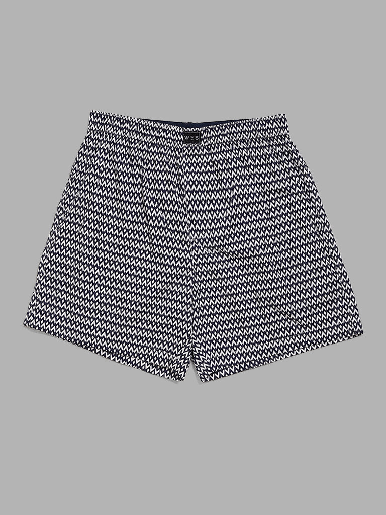 WES Lounge Navy Printed Cotton Boxers - Pack of 2